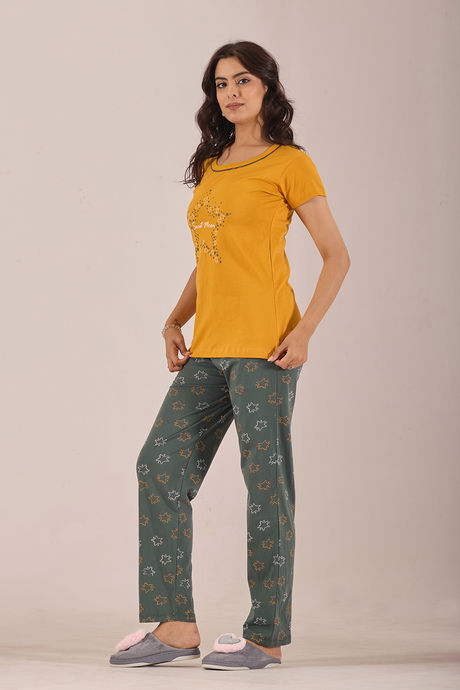 Sweet Moon Knit Cotton Pyjama Set - Pastelgreen Mustard — image 3
